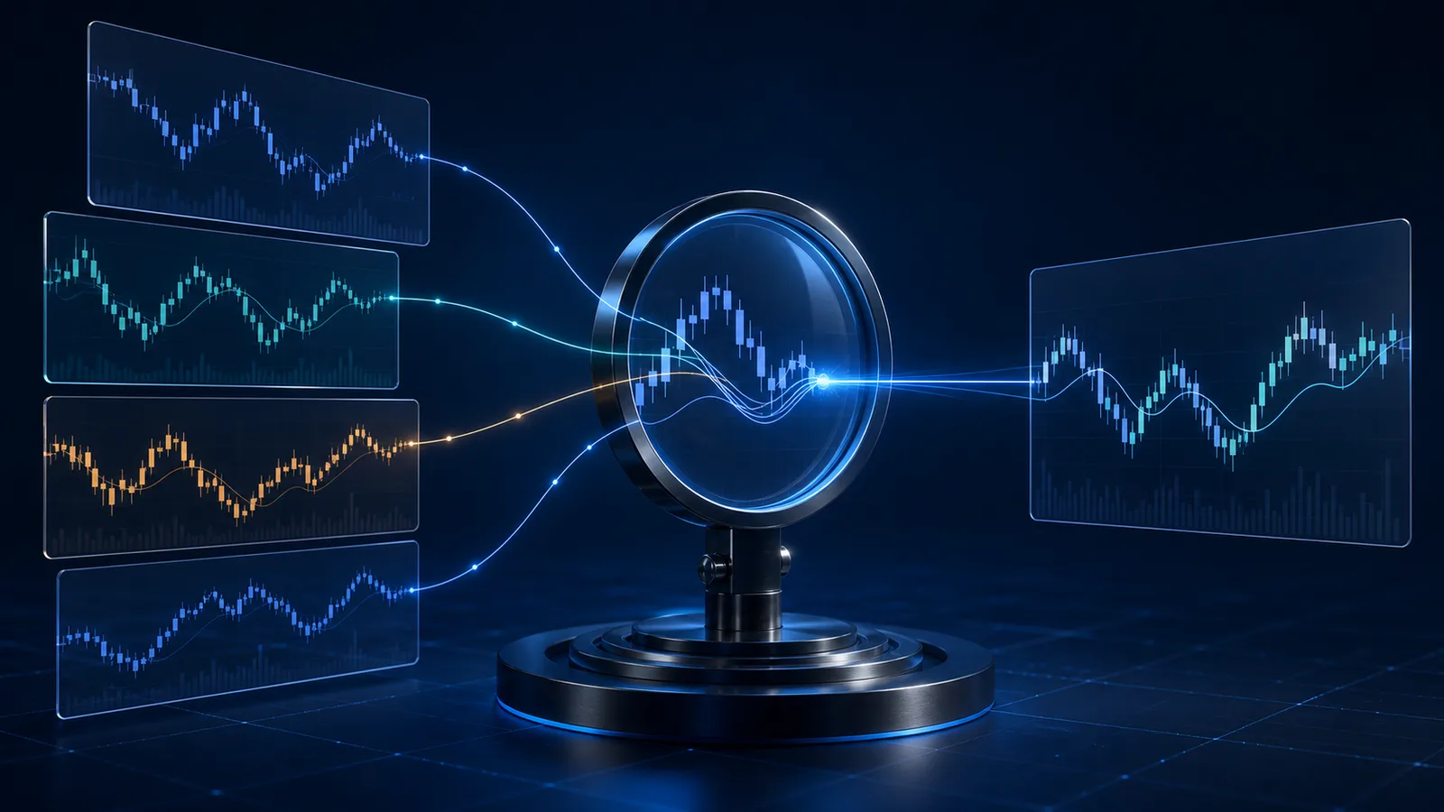 Several historical chart windows converging through a central comparison lens