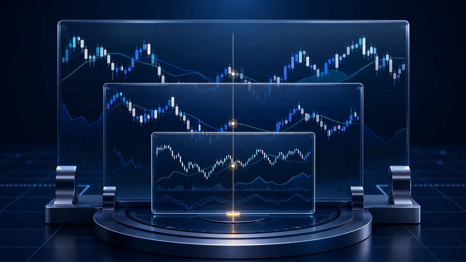 Three synchronized chart panels representing broad, intermediate, and detailed timeframes