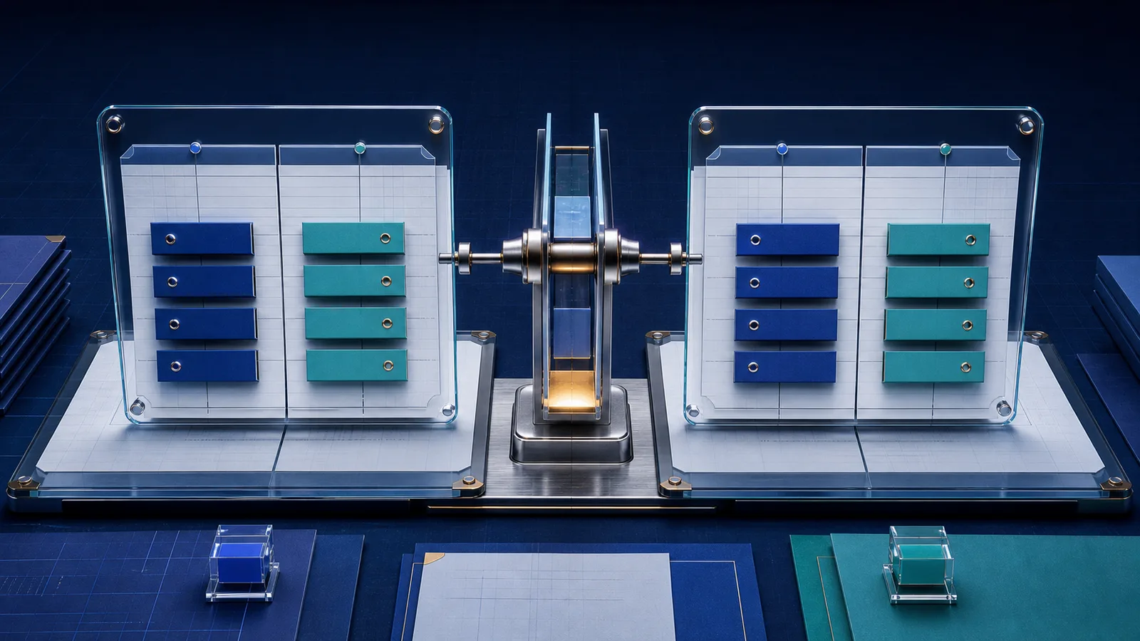 Two balanced ledger panels connected by a central double-entry mechanism