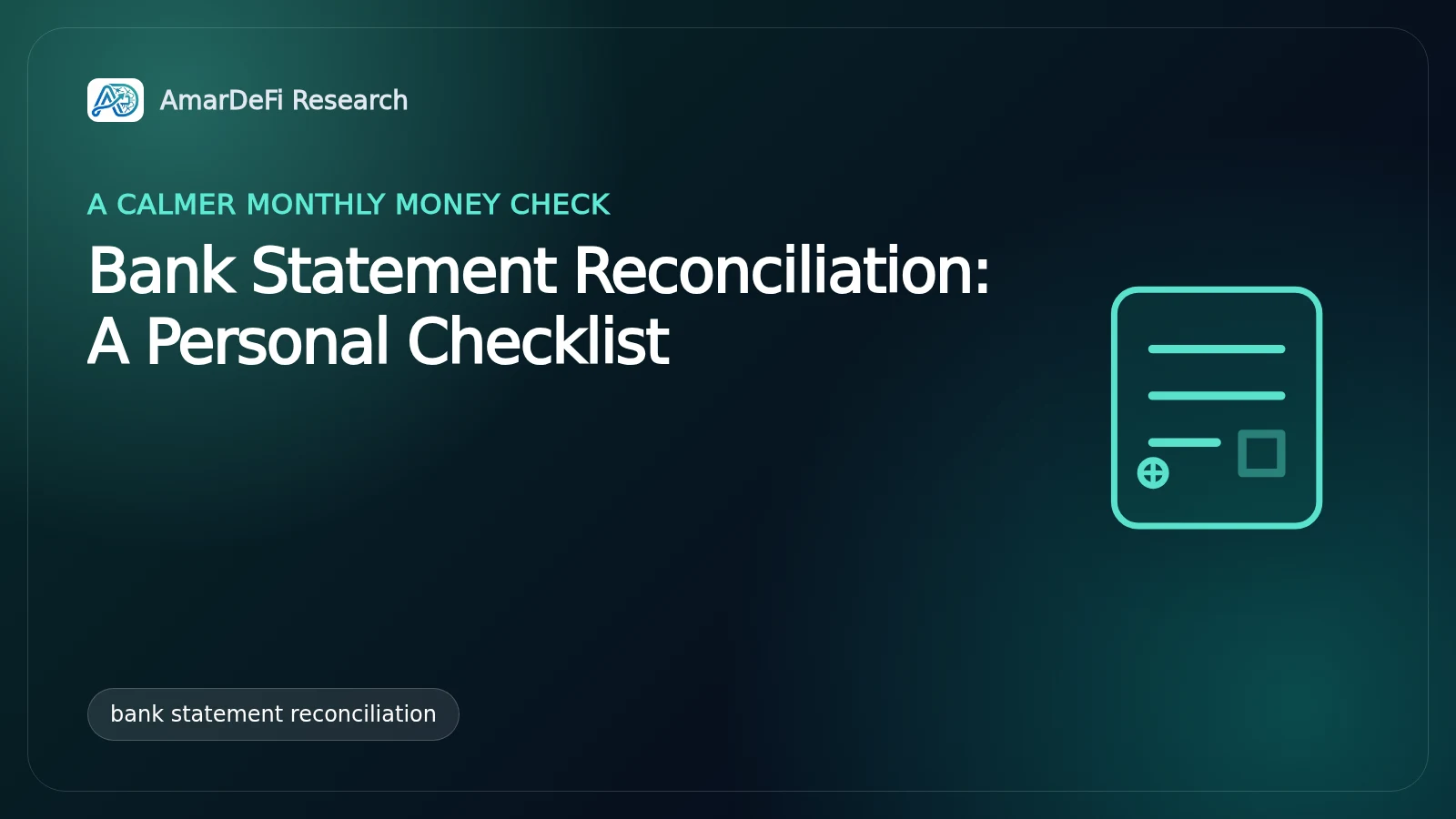 Conceptual illustration of a household comparing a bank statement with a transaction ledger, using checkmarks for posted items and a separate list for pending payments