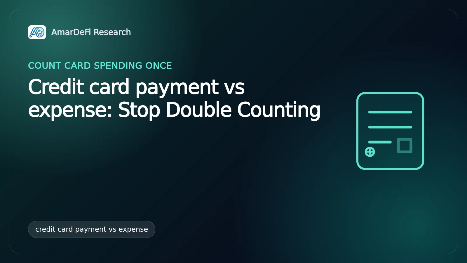 Conceptual illustration showing a card purchase, credit card statement and bank repayment connected by arrows, with the purchase counted once in a spending ledger.