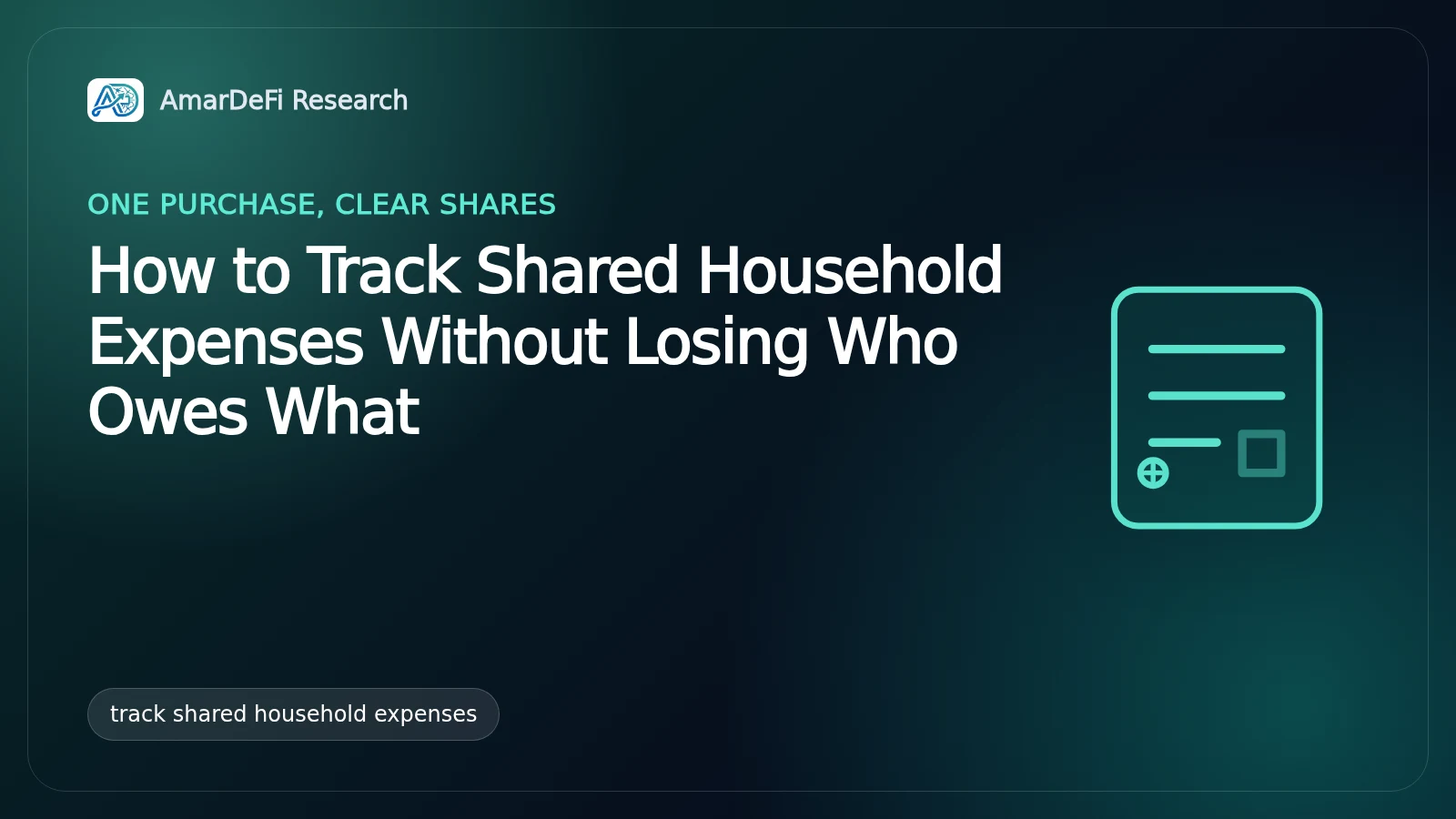 Conceptual illustration of housemates reviewing a shared household expense ledger with purchase entries, individual shares and separate reimbursement marks