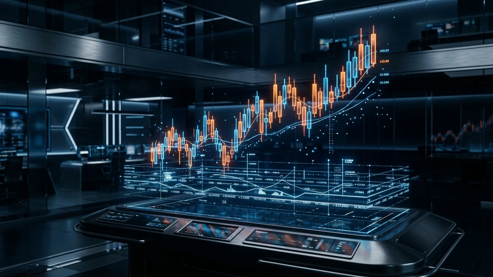 Quantitative technical chart comparing empirical quantile fan chart bands from p10 to p90 against a single-line fractal overlay and bimodal analog paths.